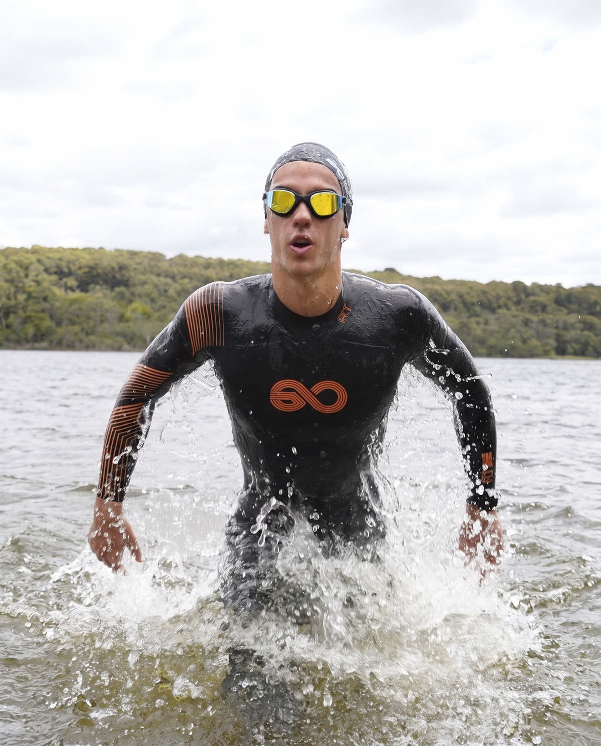Swim goggles worn by an open water swimmer