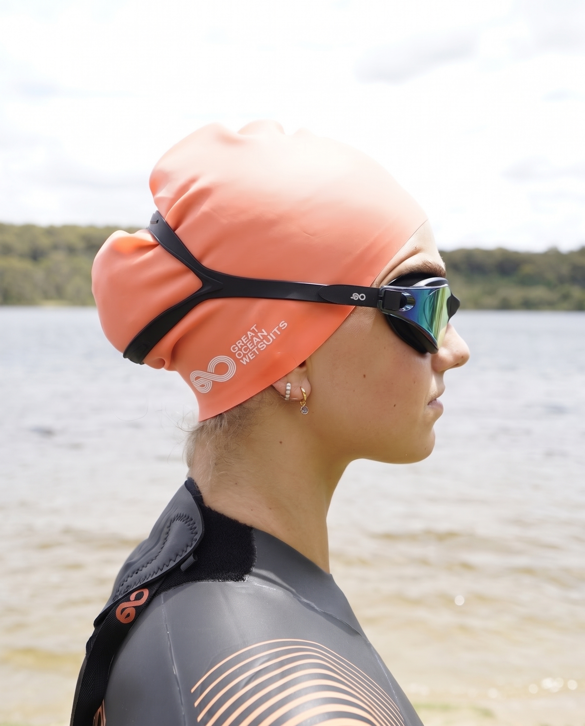Swim goggles worn by an open water swimmer
